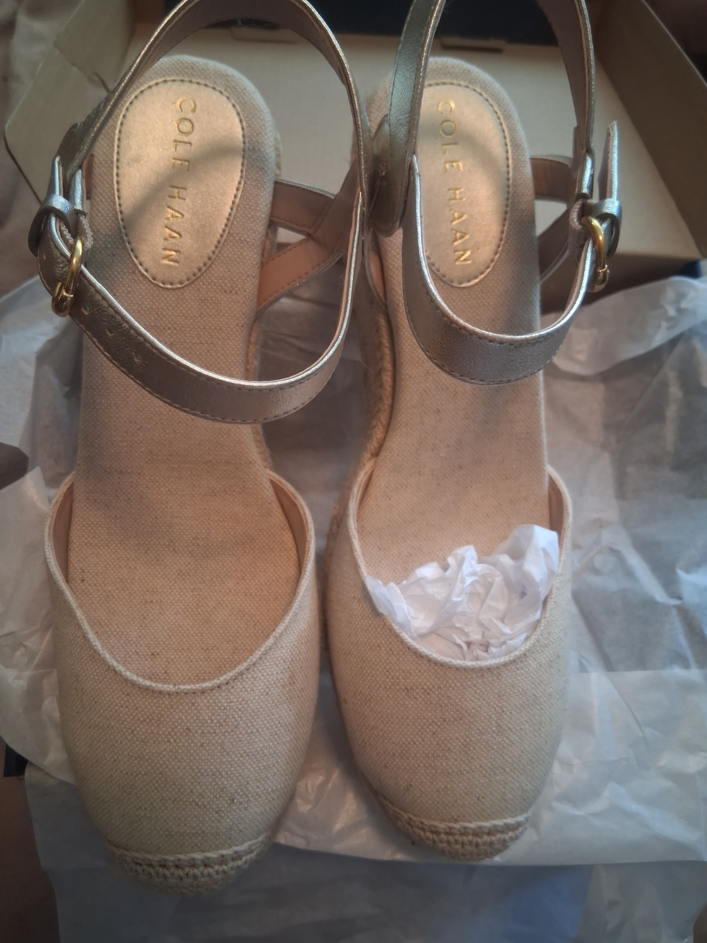 Cole Haan Beige Espadrille Wedge with Metallic Silver Ankle Strap - Picture 11 of 11